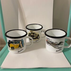 New Open Box Breitling Set of 3 Enameled Mugs-Van, Motorcycle, Vintage Plane